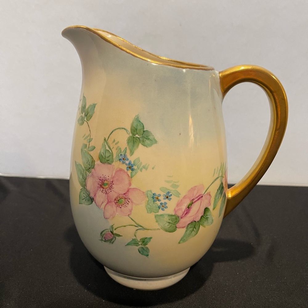 Vintage Pastel Floral Pitcher with Gold Handle